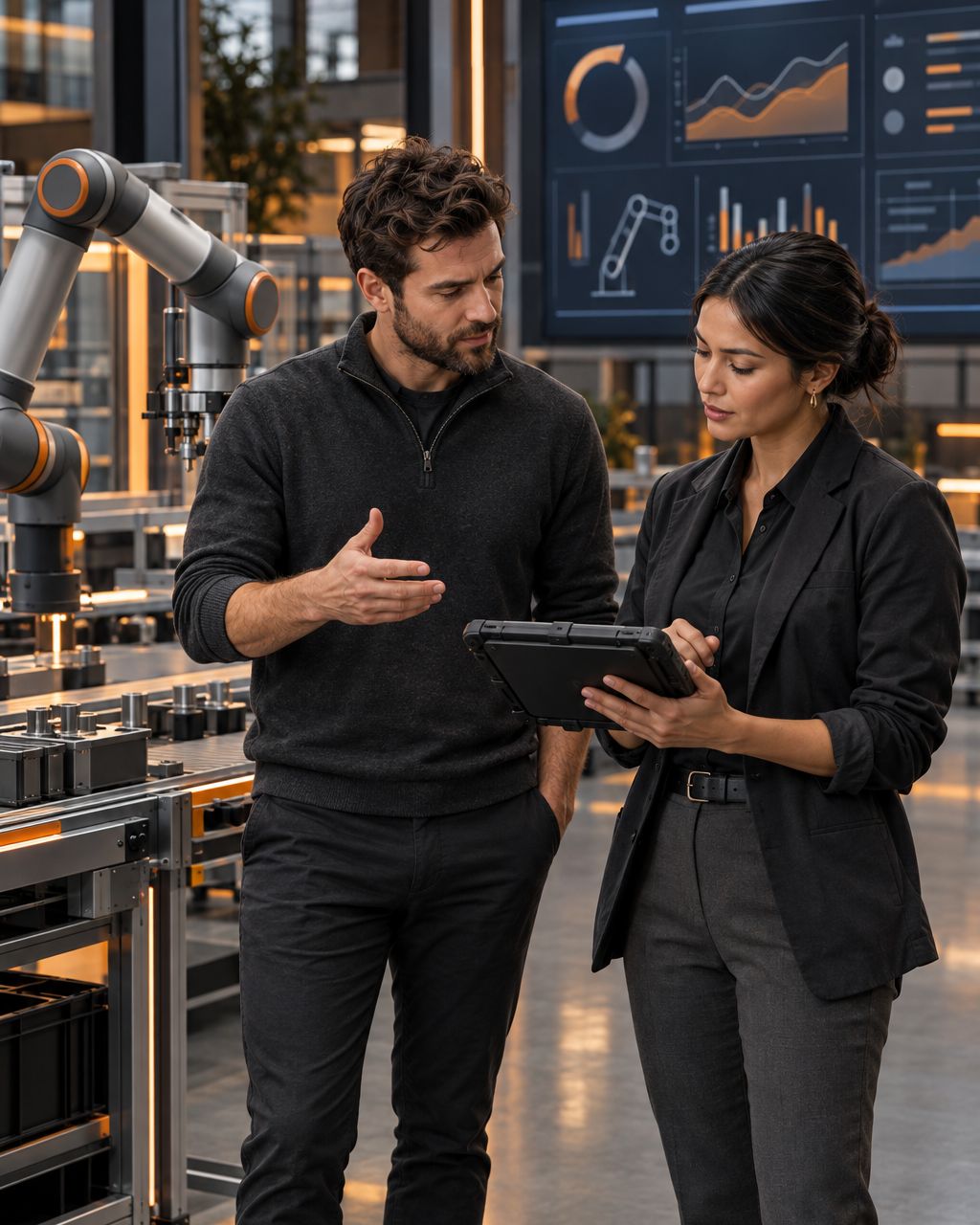 A plant manager explains a production step while a consultant reviews live line data on a tablet