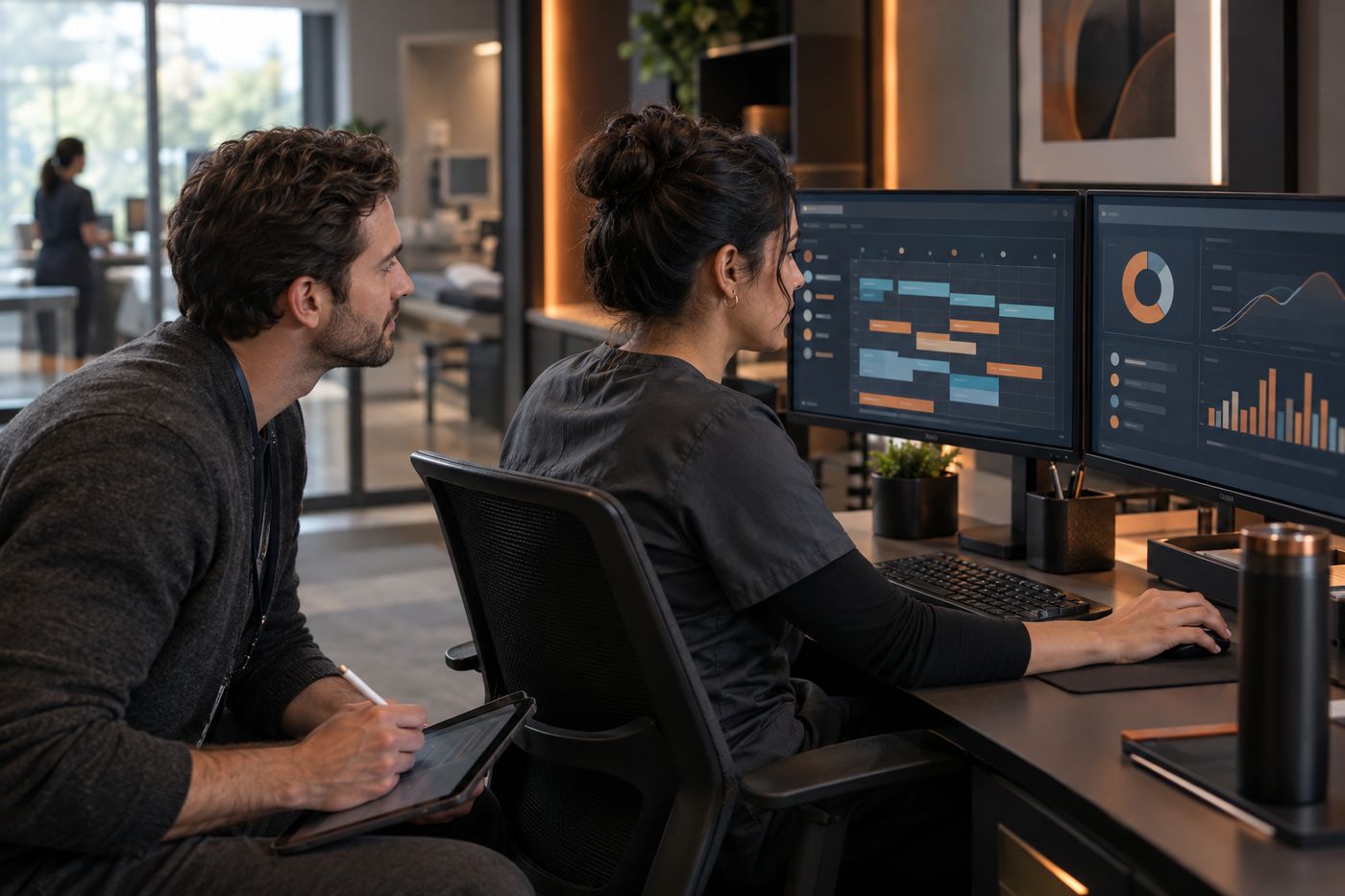 A consultant sits beside a clinic staff member, learning how her scheduling workflow runs